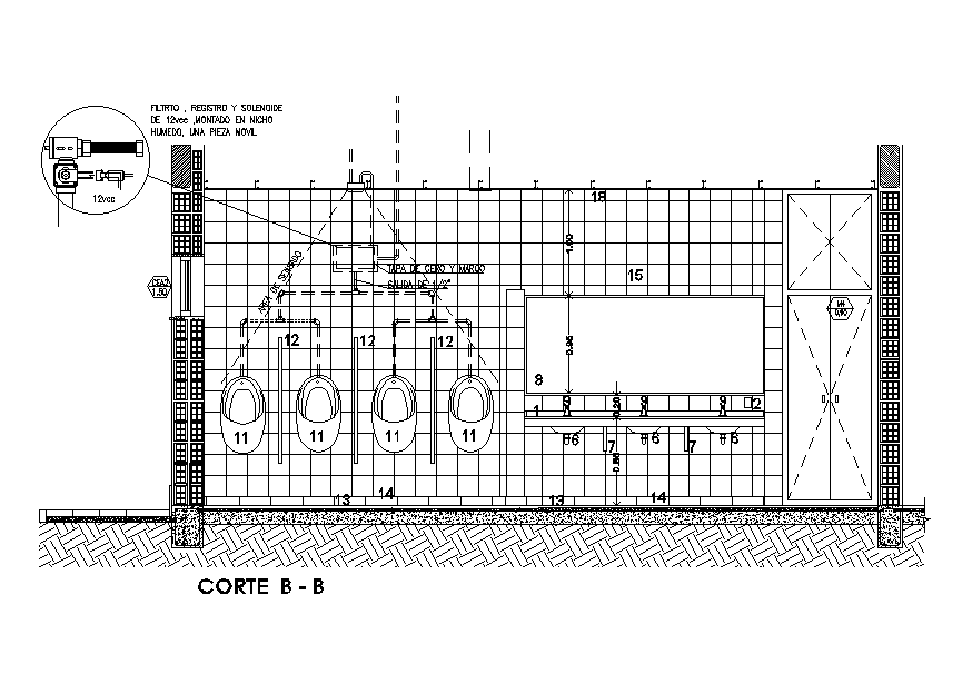 Back side section view of 7x7m toilet plan is given in this Autocad drawing file. Download now.