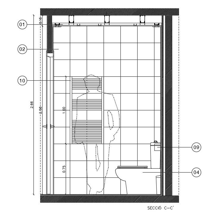 Back side section view of 8’x5’ bathroom building is given in this Autocad drawing file.Download now.