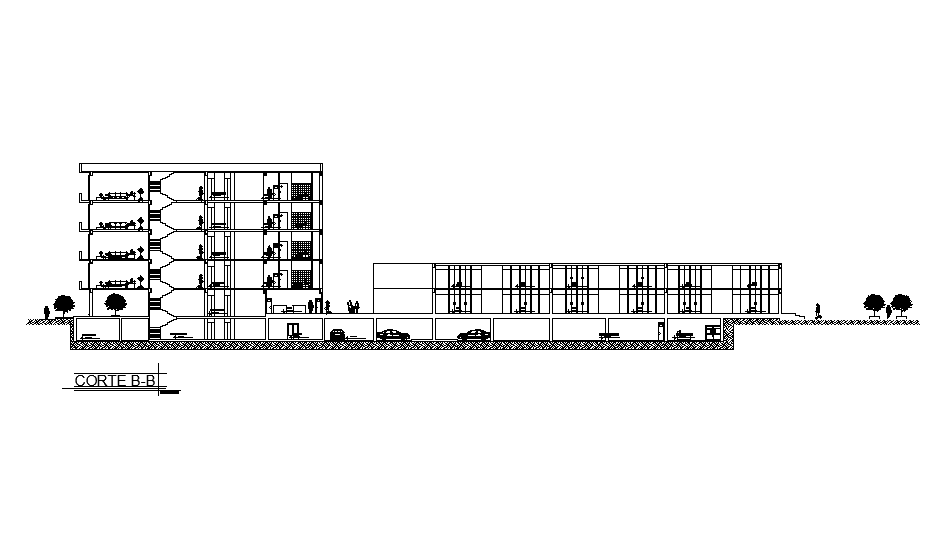 Back side section view of Front section view of matrimonial hall building is given in this Autocad drawing model.