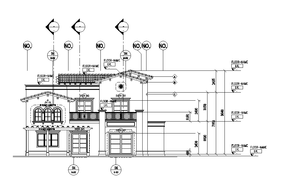 Back side section view of the villa building is given in this drawing model. Download now.