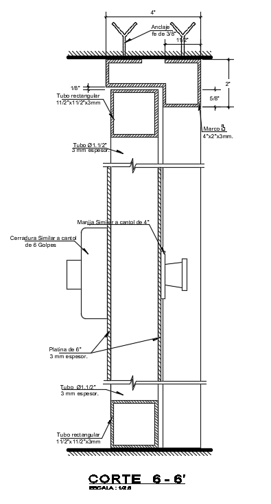 Back side transverse section view of 1.1x2.1m armored door plan is given in this Autocad drawing file. Download the Autocad model.