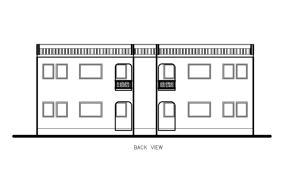 Back side view of 17x11m ground floor twin house plan is given in this Autocad drawing file. now.