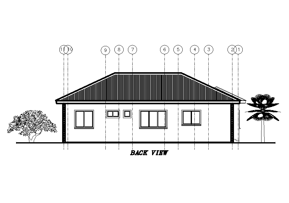 Back view of 17x16m residential plan is given in this Autocad drawing file. Download now.