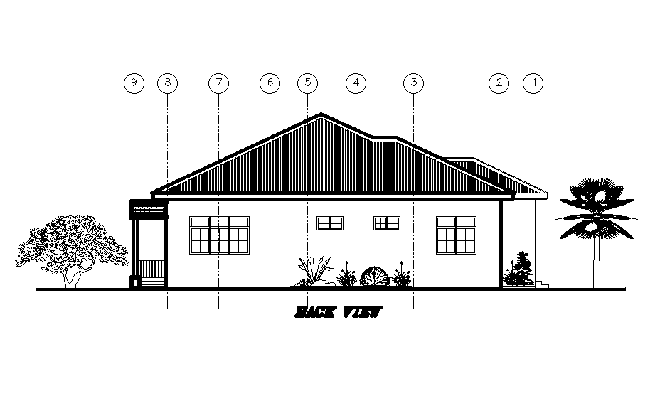 Back view of 18x17m ground floor of house plan is given in this Autocad drawing file.Download now.
