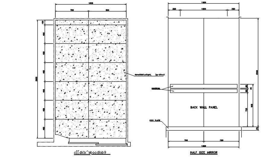 Back wall panel ,concrete,and half size mirror section details are given in this AutoCAD 2D DWG drawing. Download the AutoCAD 2D DWG file.