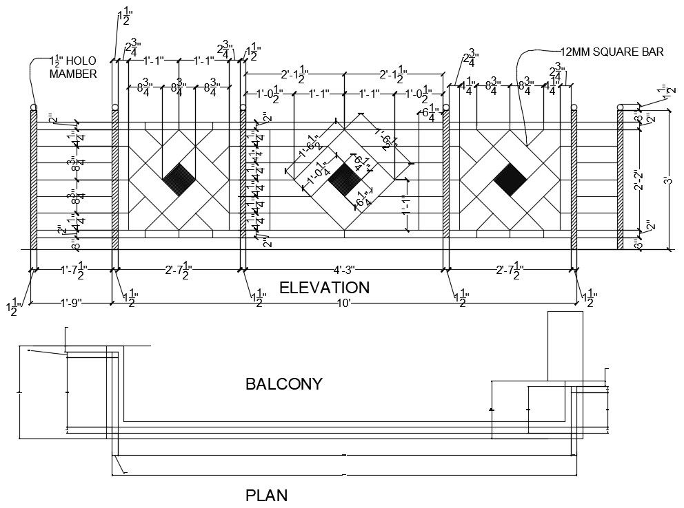 Balcony railing elevation detail drawing derived in this AutoCAD file. Download the AutoCAD file.