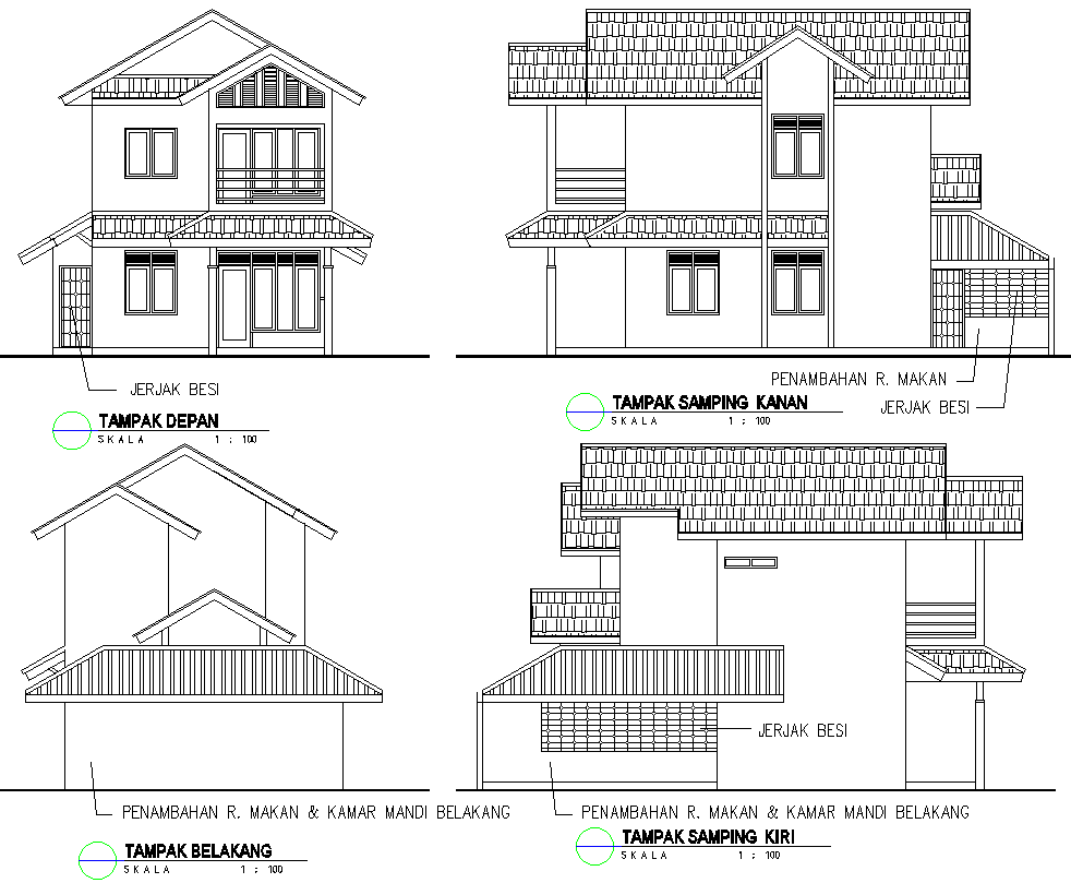 Banglow All Side View Plan Architectural Design AutoCAD DWG File