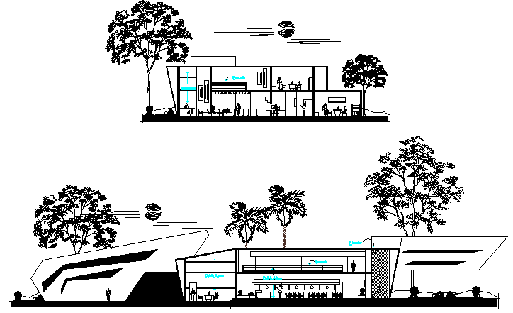 Bank building main and side sectional view dwg file