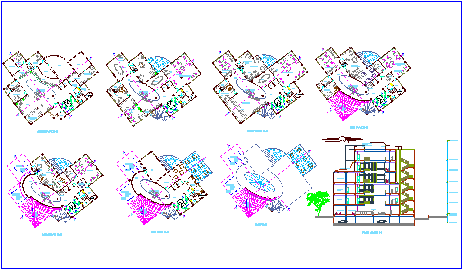 Bank design with floor plan and sectional view dwg file