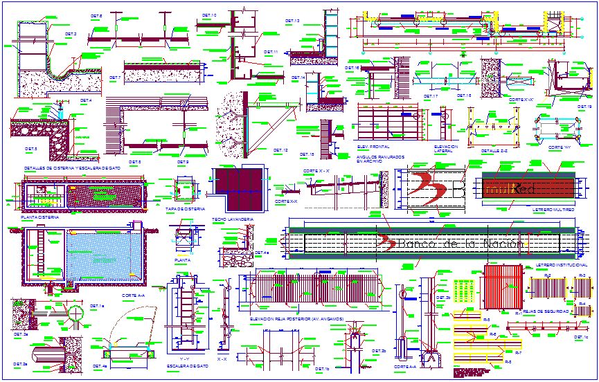 Bank different portion construction detail with sectional view dwg file