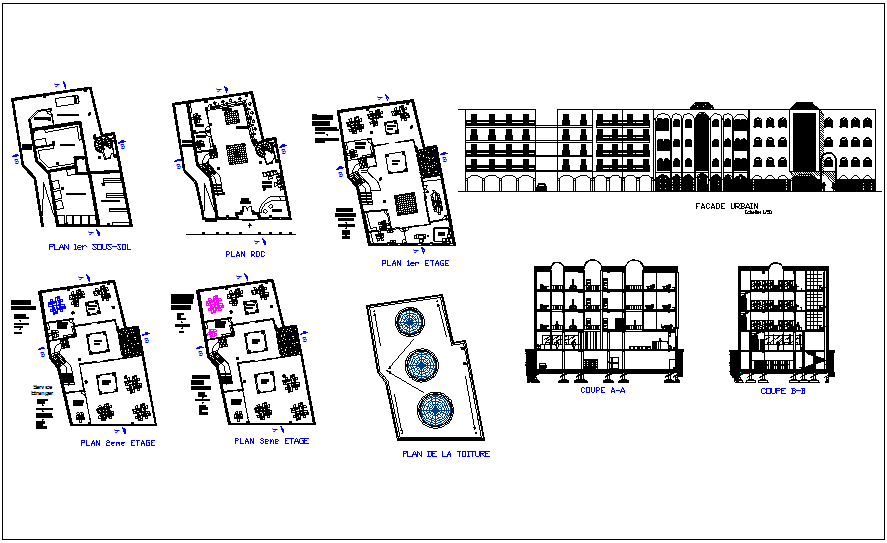 Bank floor plan,elevation and section view dwg file