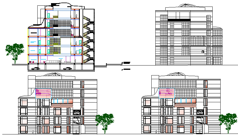 Bank head office building elevations and sectional details dwg file