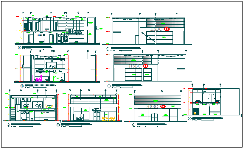 Bank of HSBC elevation and section view dwg file