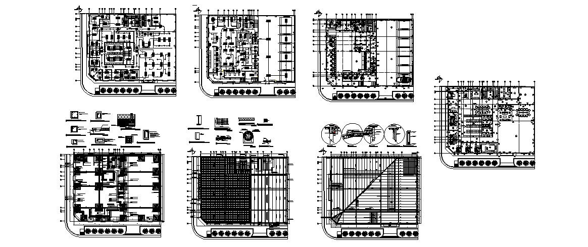 Bank office building foundation, construction and floor plan details dwg file