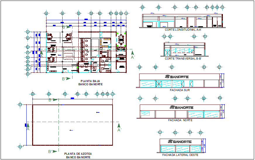 Bank plan elevation and section view dwg file
