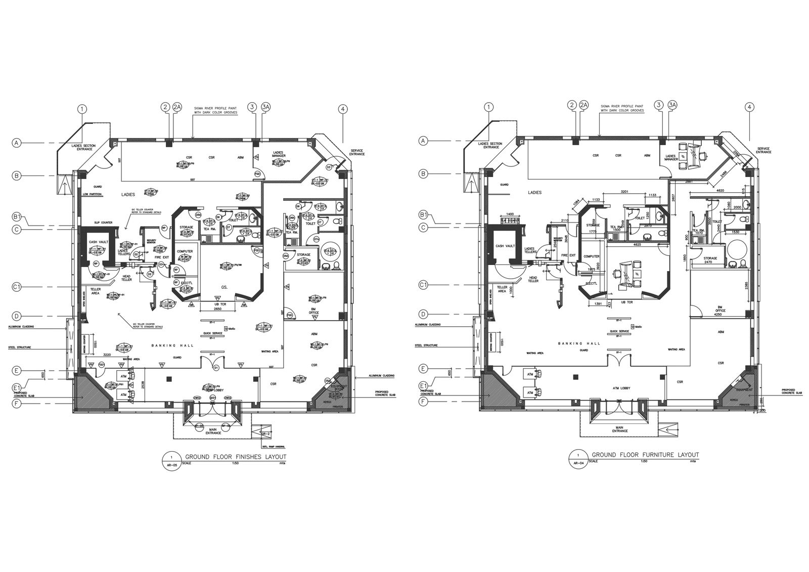Bank design with plan and elevation details dwg autocad drawing .