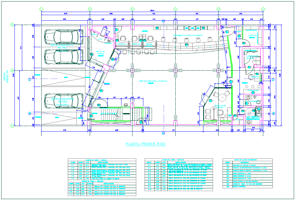 Banking design view with first floor plan with door and window schedule dwg file