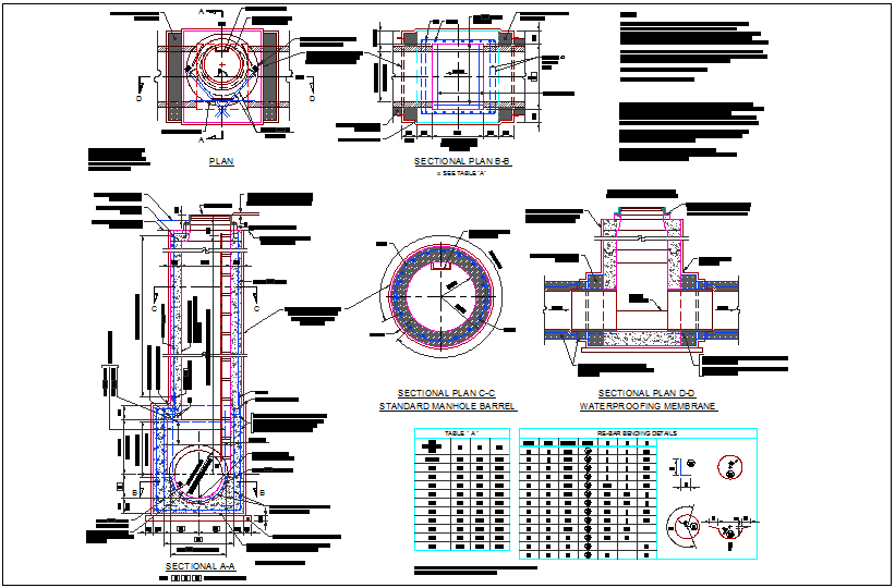 Bar bending detail with view of man hole plan and section view dwg file
