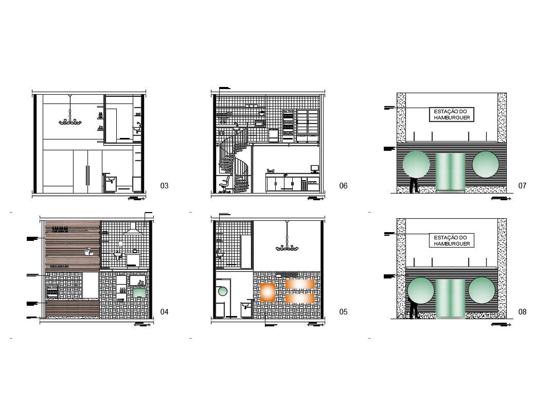 Bar elevation, section and plan details with interior dwg file
