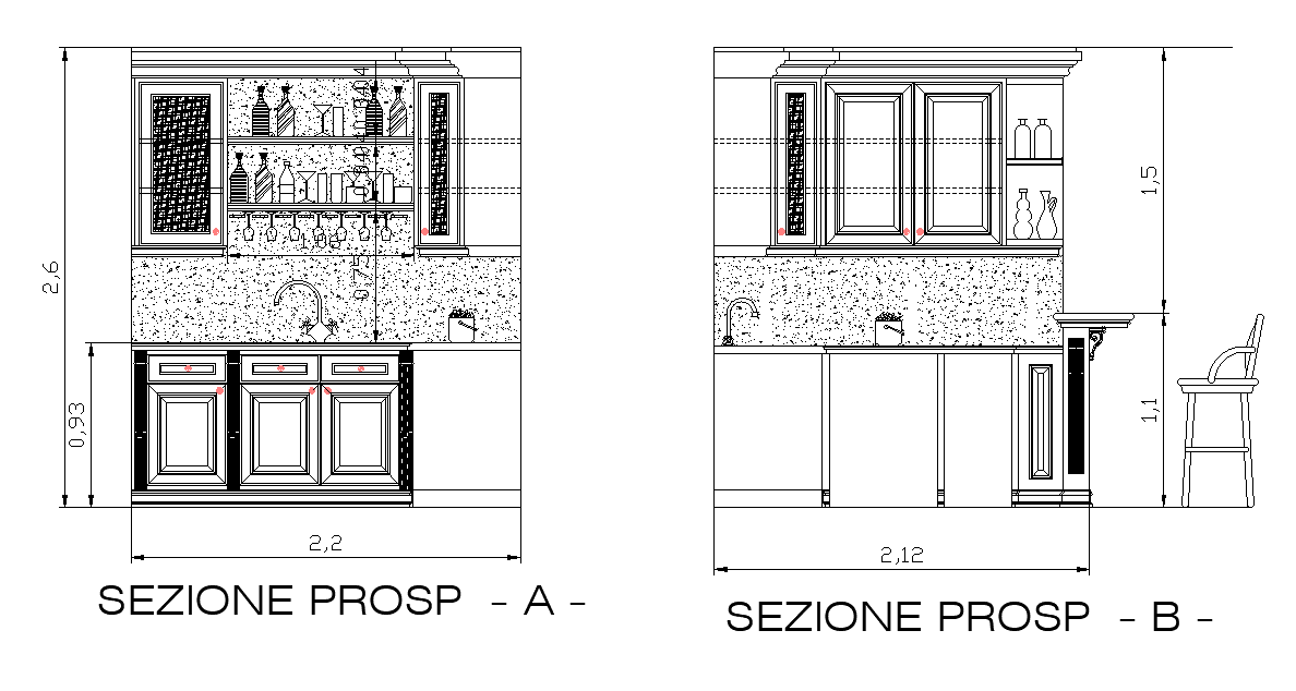 Bar Platform With Cupboard Sectional Elevation Design DWG File