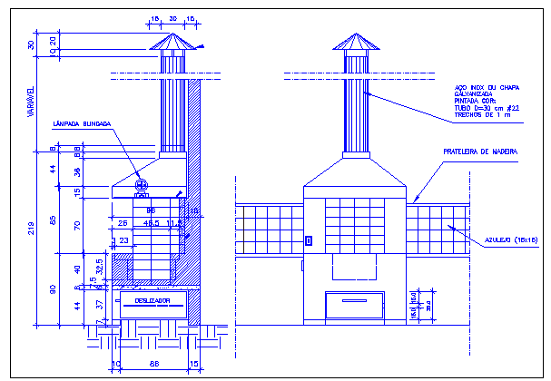 Barbecue grill roaster elevation and sectional view dwg file