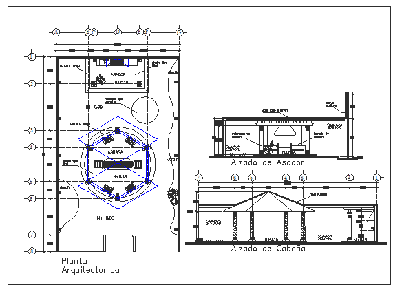 Barbecue restaurant elevation, section and structure details dwg file