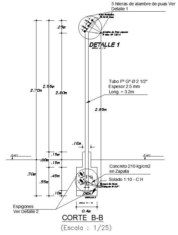 Barbed wire fencing pole section detail DWG AutoCAD file 