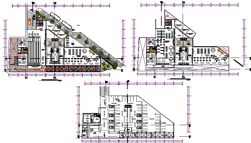 Basement, first and second floor layout plan details of shopping center dwg file