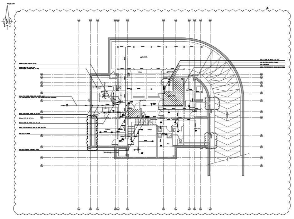 Basement floor plan with fire protection system.