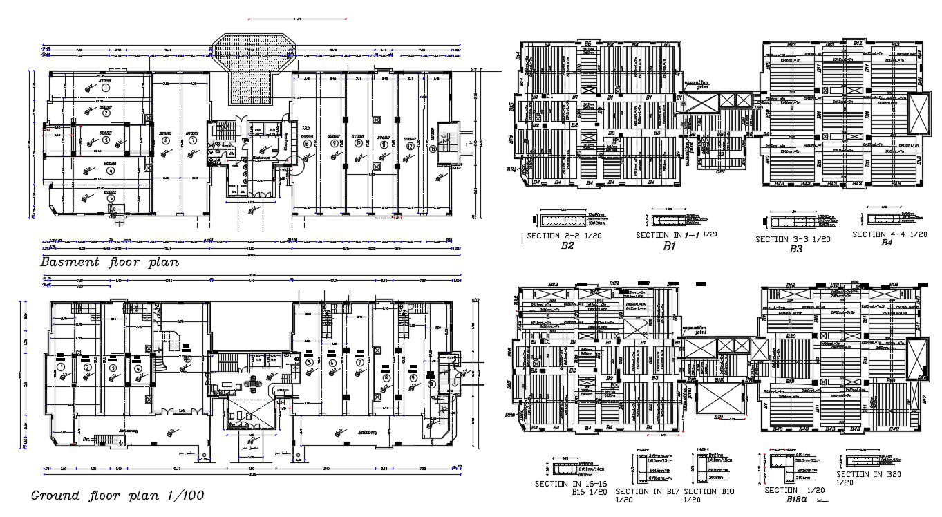 Basement And Ground floor Plan Of Commercial Building Drawing DWG File