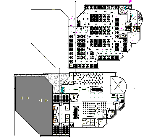 Basement and first floor layout plan details of shopping center dwg file