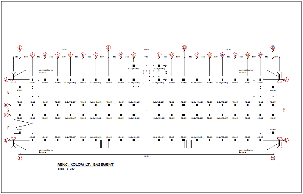 Basement column plan with view of architectural view for head quarter auto cad file