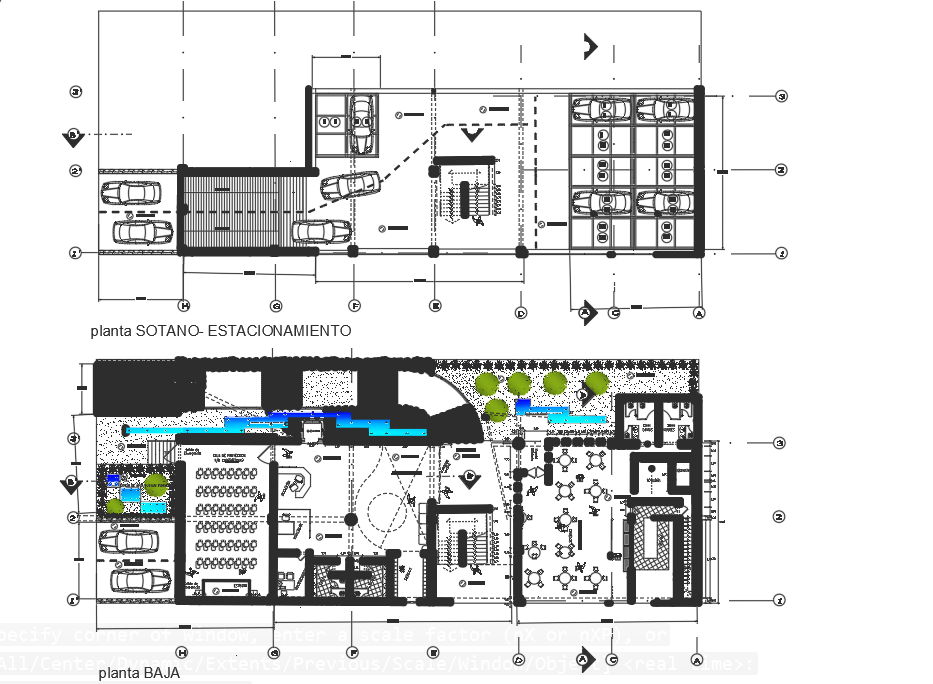 Basement plan and ground floor office plan detail dwg file