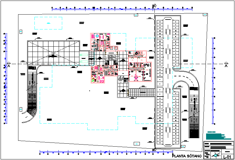 Basement plan of hospital with architectural view dwg file