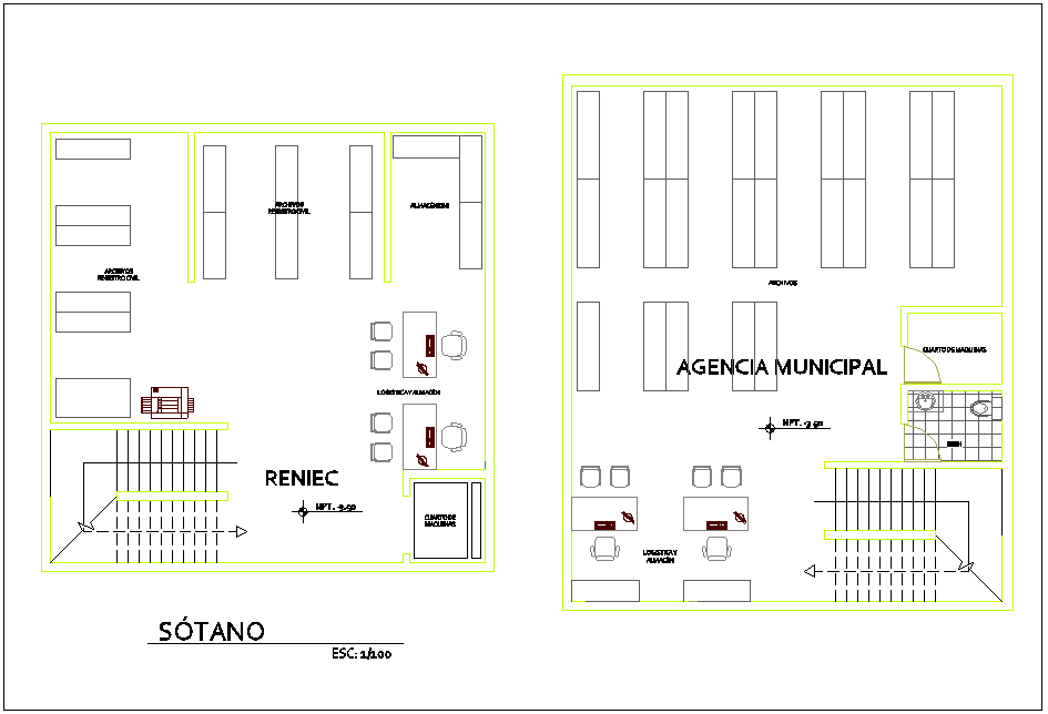 Basement plan with architectural view for administration government building dwg file
