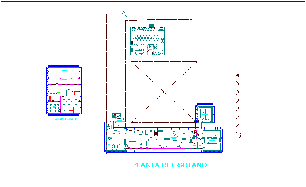 Basement plan with pavilion basement detail view for collage dwg file