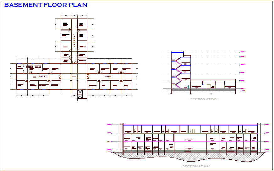 Basement plan with section view of hospital dwg file
