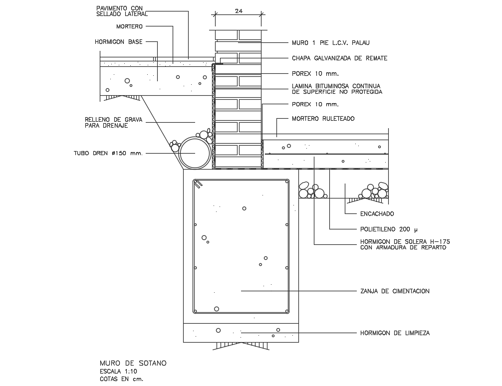 Basement wall constructive structure cad drawing details dwg file