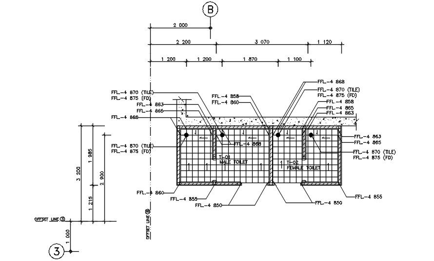 Basement 2 floor – slope toilet of the hospital building has given in the 2D Autocad DWG drawing file. Download the Autocad 2D DWG drawing file.