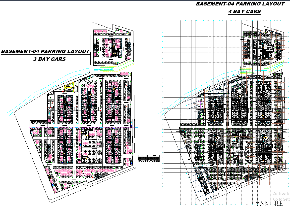 Basement Parking Plan in CAD File with 3 and 4 Bay Car Slots