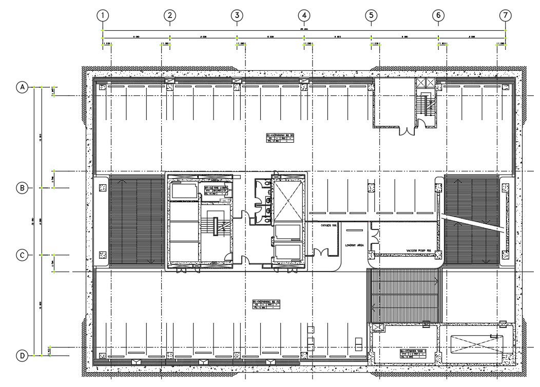 Basement floor -2 details of the hospital building is given in the 2D Autocad dwg drawing file. Download the Autocad DWG drawing file.