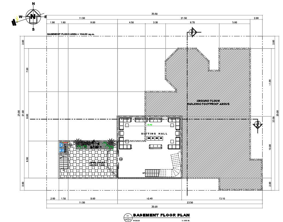 Basement floor plan of the two storey residential building has given in the autocad 2D DWG drawing file. Download the autocad DWG file.