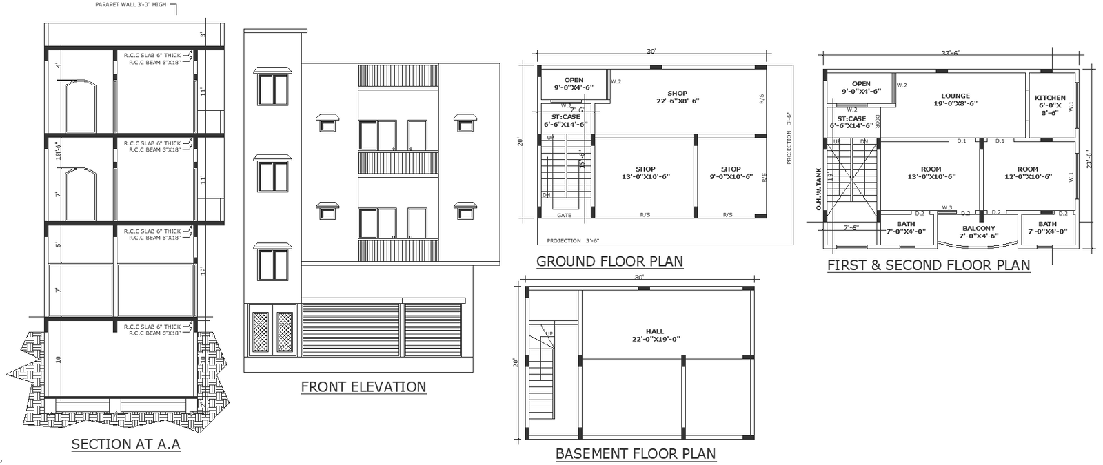 Basement floor plan with elevation section and detailed dwg autocad drawing .