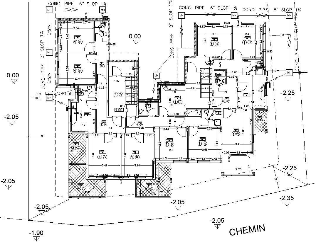 Basement piping layout with details of slope in AutoCAD, dwg file.