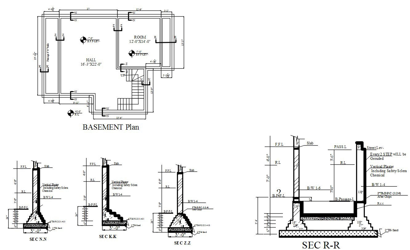 Basement Plan and Footing Sections AutoCAD 2D DWG Drawing