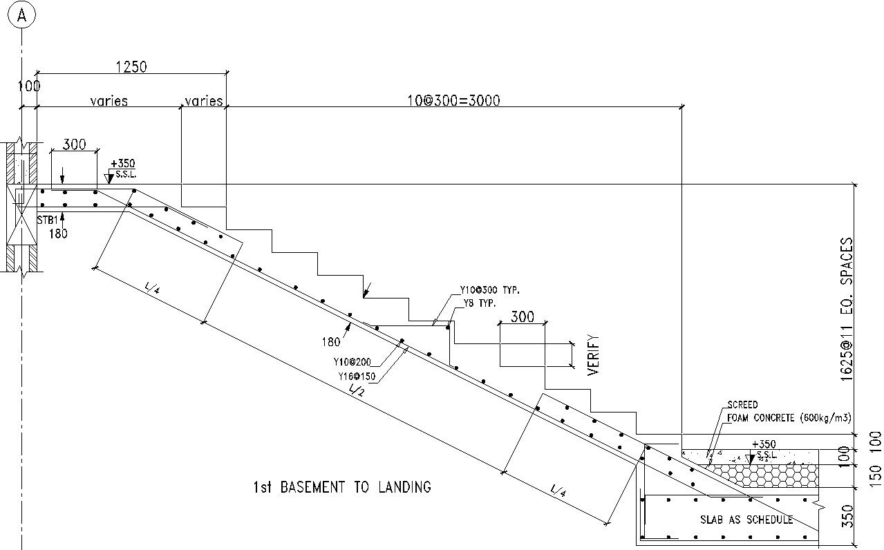 Basement to Landing Stair Details in AutoCAD DWG File with Dimensions