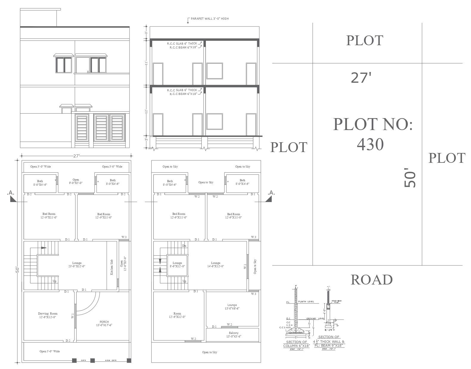 Basic house plan with elevation section and other details dwg autocad drawing .