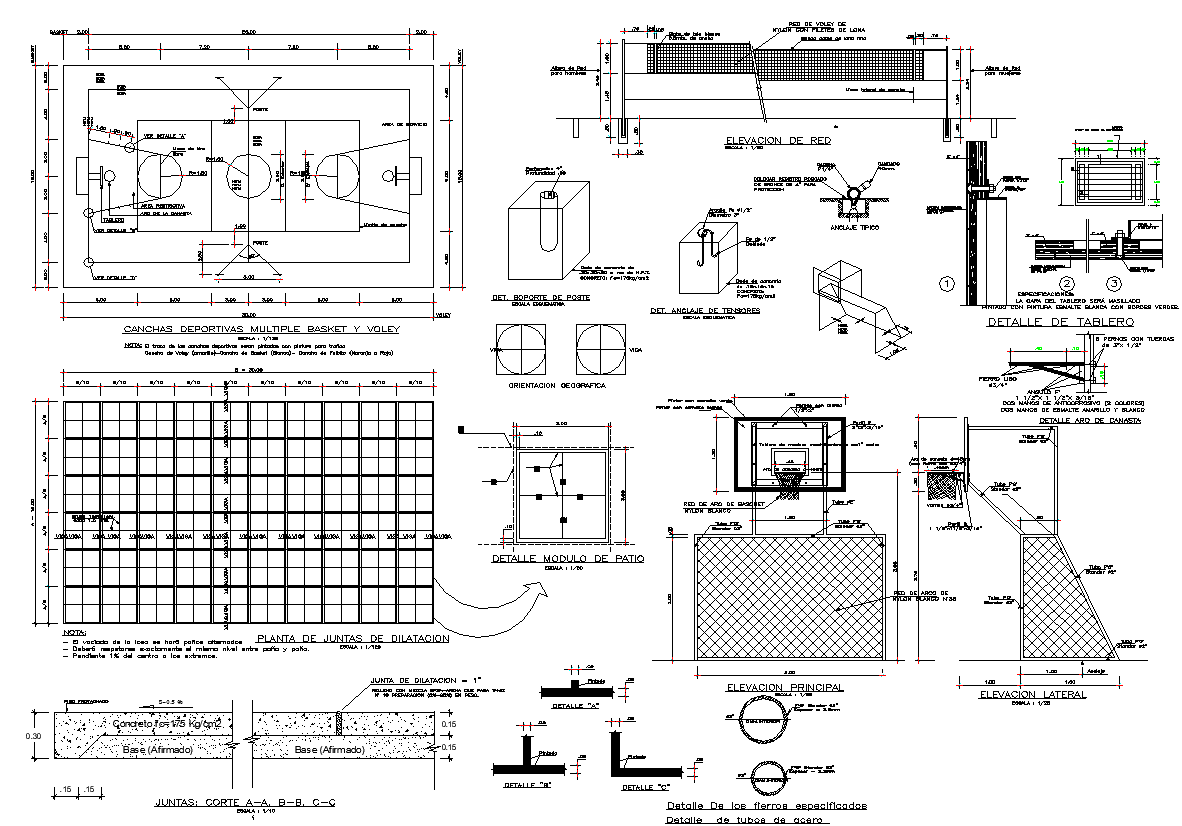 Basket ball court ground detail elevation and section 2d view layout file