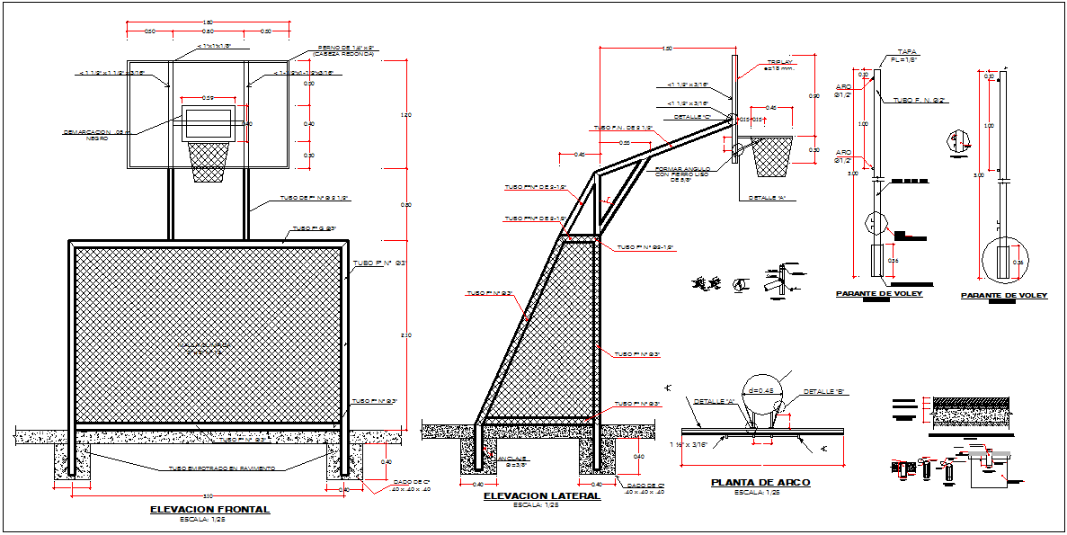 Basket ball court net elevation and side elevation detail dwg file
