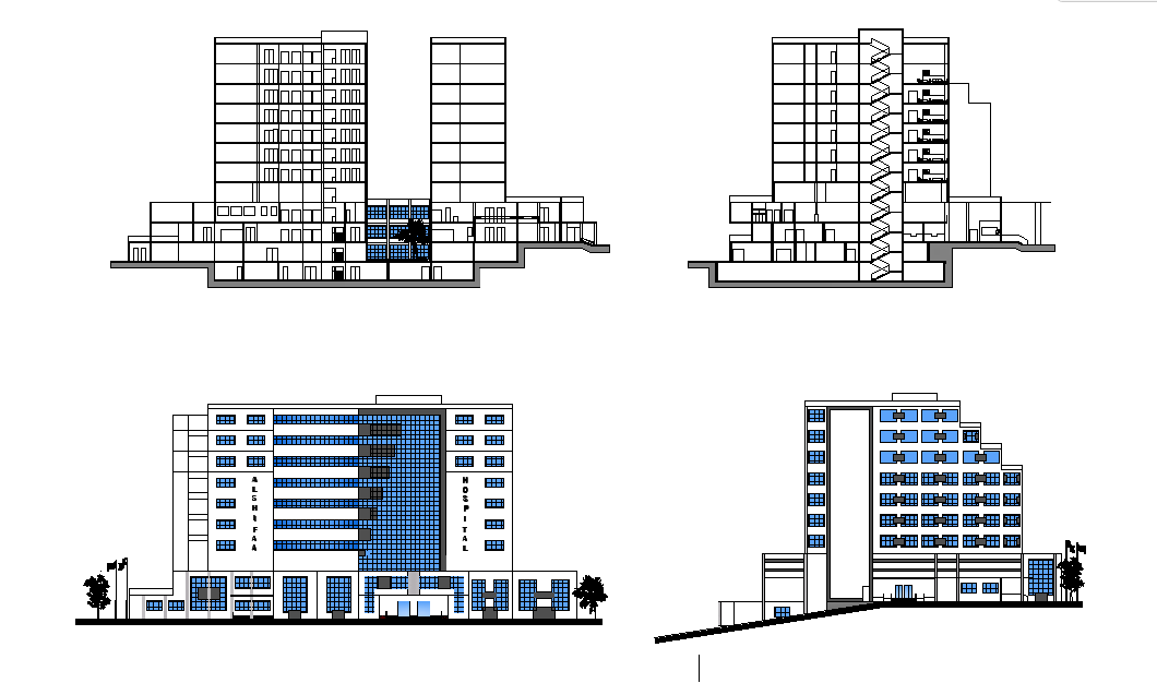 Bassel hospital building elevation is given in this 2D Autocad DWG drawing file. Download the 2D Autocad DWG drawig file.